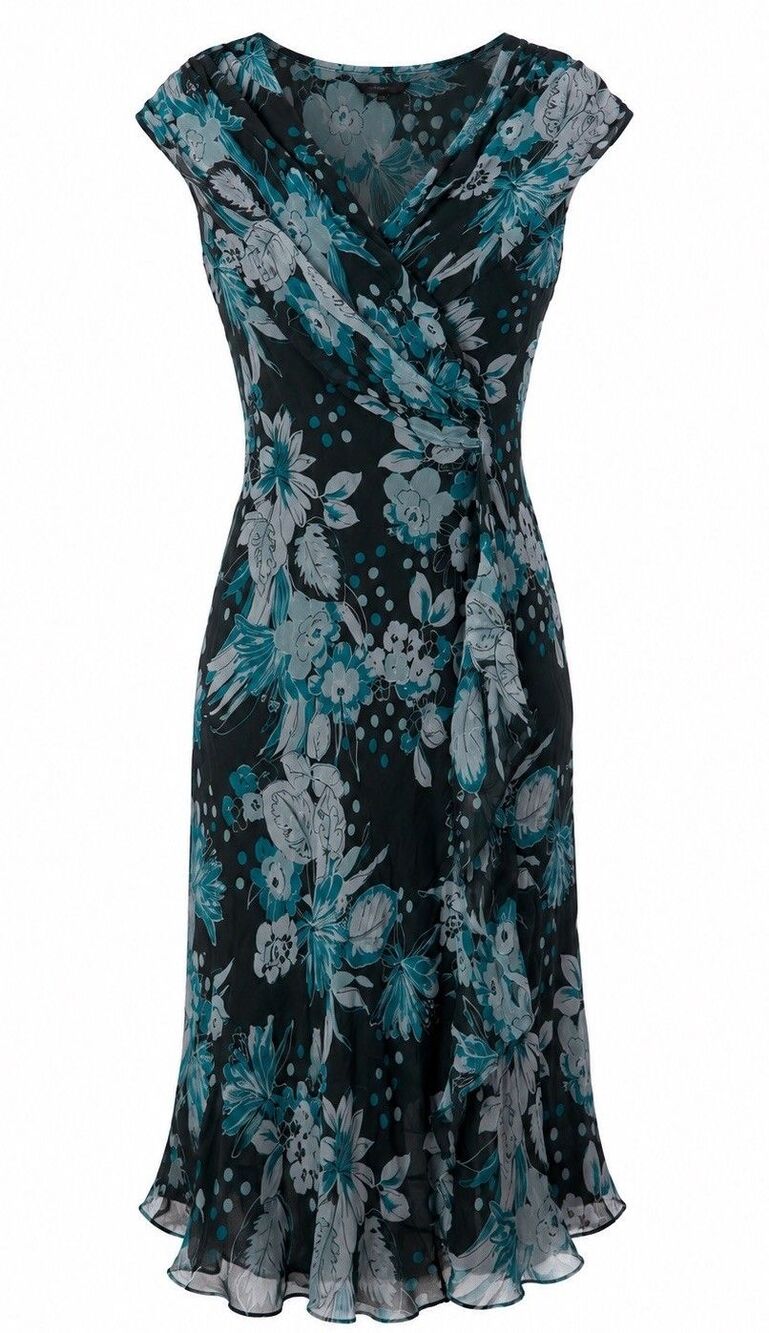 David Warren Teal Floral Faux Wrap Silk Chiffon Dress Women Sz 6 Day To Nite EUC